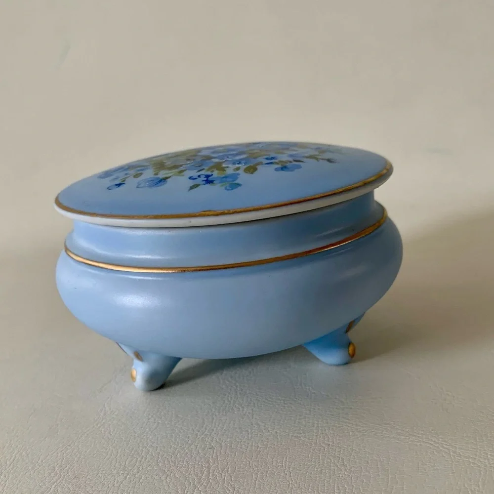 Vintage Hand Painted Blue Trinket Box